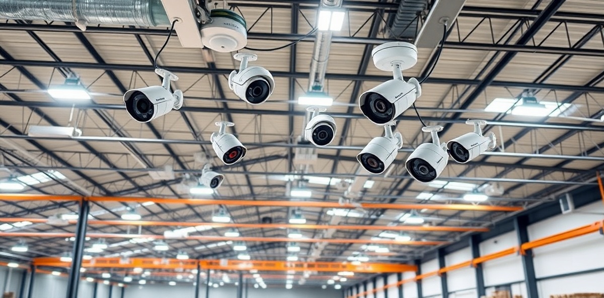 Professional CCTV camera installation in warehouse with multiple surveillance cameras