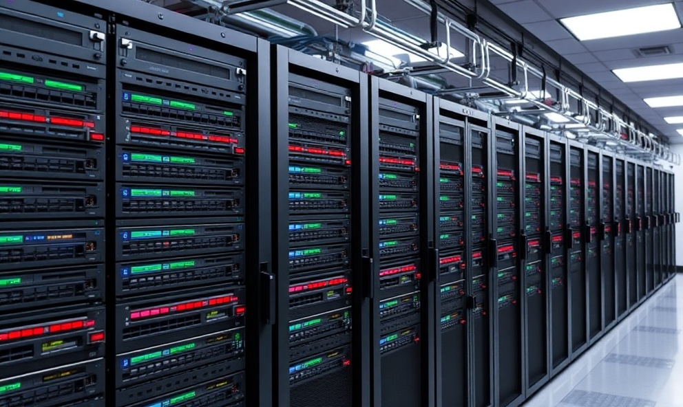 Data center with server racks showing integrated network infrastructure